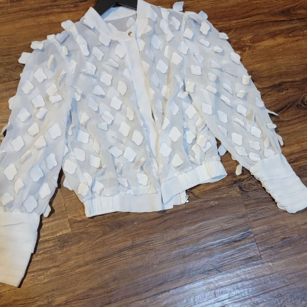 While Cropped Mesh Jacket with Coin sized embellishments.  Small